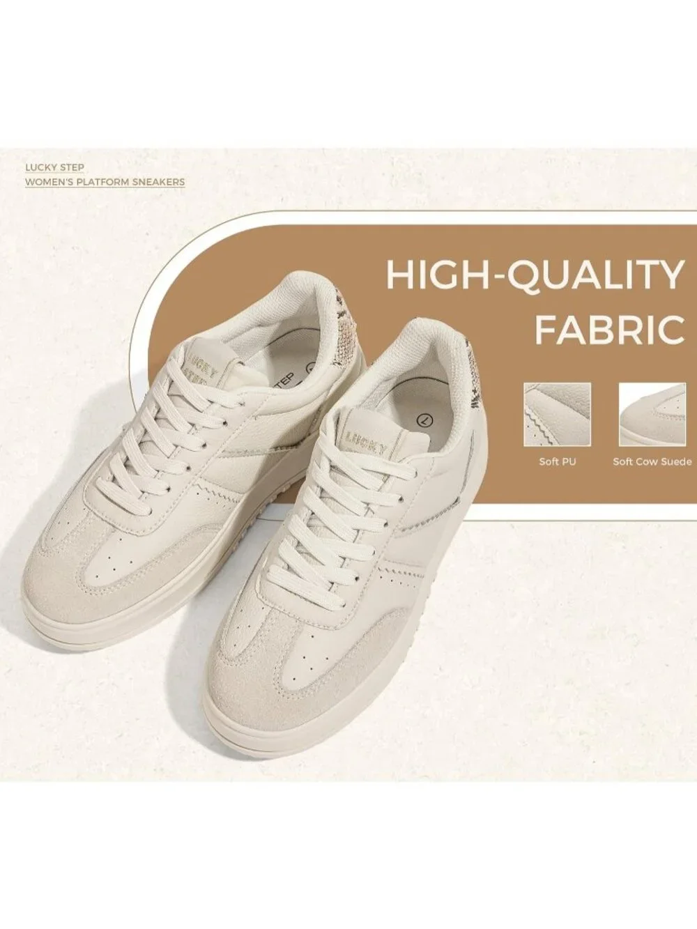 Women's Beige Lace Up Platform Thick Sole Comfortable Casual Fashion Sneakers